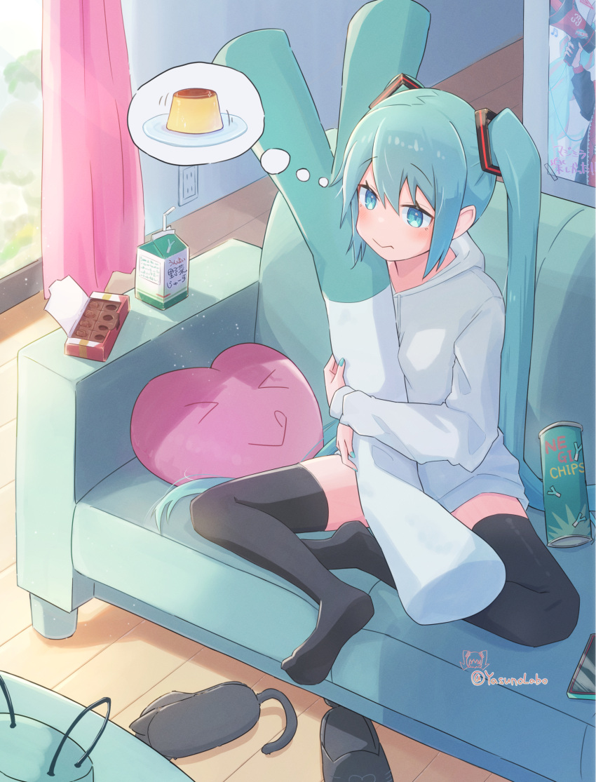 &gt;_&lt; 1girl :&gt; :q :s animal_slippers aqua_eyes aqua_hair aqua_nails between_breasts black_footwear black_thighhighs breasts chips_(food) chocolate commentary_request couch doodle_inset drawstring drinking_straw electrical_outlet food half_lotus_position hatsune_miku heart highres holding holding_food holding_spring_onion holding_stuffed_toy holding_vegetable hood hoodie indoors juice_box light_blush long_hair looking_ahead motion_lines no_pants pink_curtains poster_(object) pudding signature sitting slippers small_breasts solo spring_onion stuffed_toy thigh-highs tongue tongue_out twintails vegetable very_long_hair vocaloid white_hoodie yasuno-labo