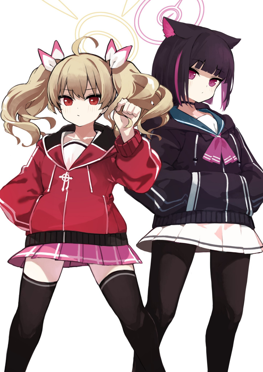 2girls animal_ears black_choker black_hair black_pantyhose black_thighhighs blonde_hair blue_archive blue_sailor_collar blush cat_ears choker closed_mouth collarbone feet_out_of_frame halo hand_in_own_hair hands_in_pockets highres hood hoodie kazusa_(blue_archive) loah_66 looking_at_viewer medium_hair multiple_girls neckerchief pantyhose pink_eyes pink_hair pink_neckerchief pink_skirt playing_with_own_hair pleated_skirt red_eyes red_hoodie sailor_collar short_hair simple_background skirt thigh-highs twintails white_background white_skirt yoshimi_(blue_archive) zettai_ryouiki