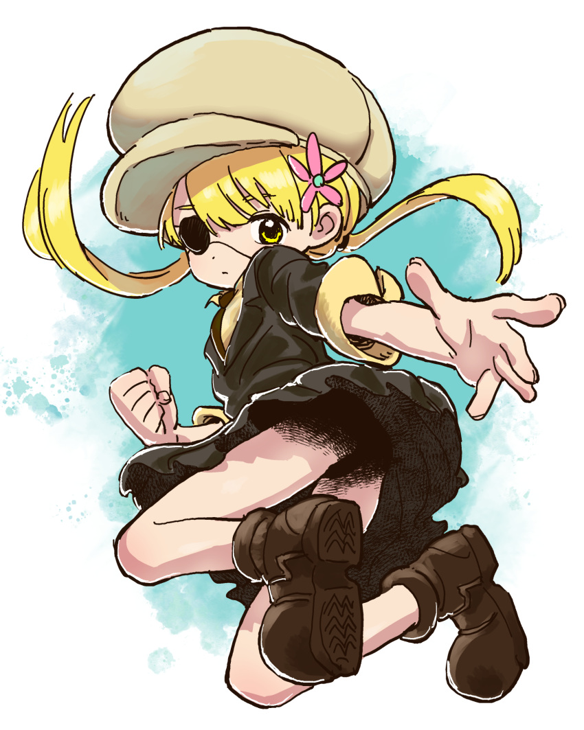 1girl blonde_hair boots clenched_hand eisu_(eith) eyepatch flower hair_flower hair_ornament highres jumping large_hat pleated_skirt simple_background skirt swept_bangs twintails unmei_no_makimodoshi upskirt white_background yellow_eyes