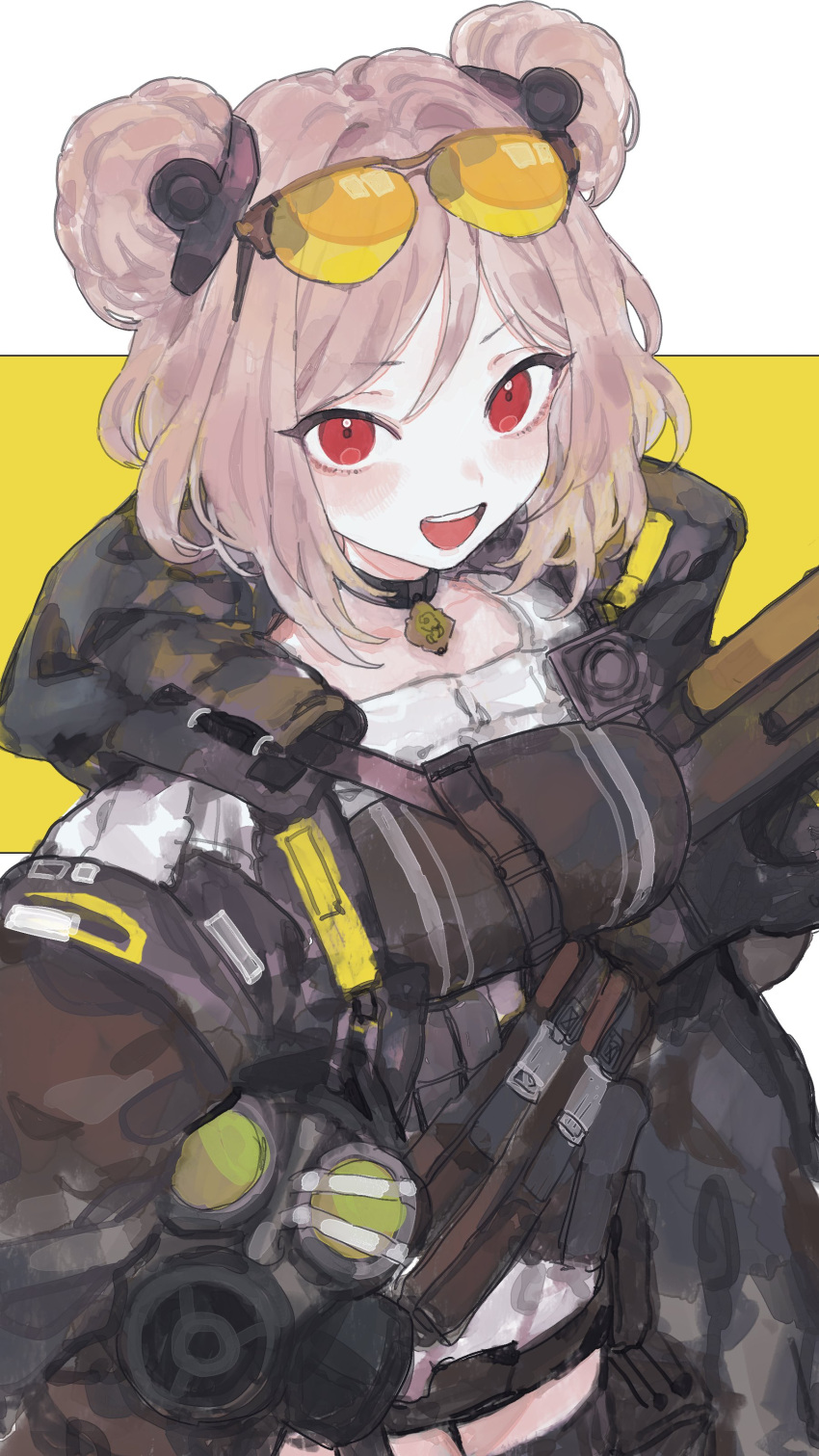 1girl absurdres black_choker black_jacket breasts brown_hair bullpup choker commentary commentary_request commission double_bun eyewear_on_head gas_mask girls_frontline gun hair_bun highres holding holding_gun holding_weapon hood hooded_jacket jacket looking_at_viewer mask open_clothes open_jacket open_mouth p90 p90_(girls'_frontline) red_eyes rocb short_hair skeb_commission smile solo submachine_gun sunglasses teeth two-tone_background upper_teeth_only weapon white_background yellow_background