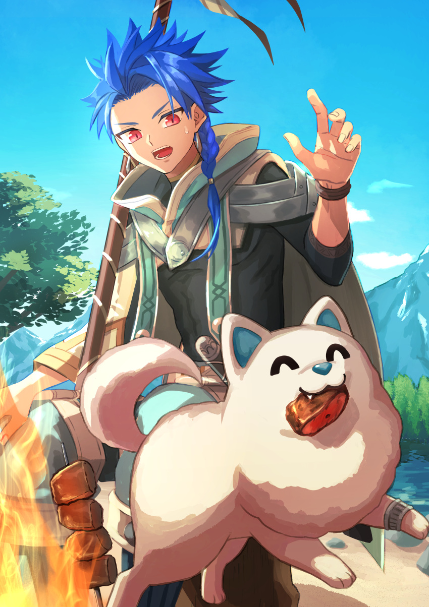 1boy absurdres animal blue_hair bodysuit bodysuit_under_clothes bracelet braid braided_ponytail capelet child cu_chulainn_(fate) dog earrings fate/grand_order fate_(series) funahashi_(nkmmmmr) highres holding hood hooded_capelet jewelry long_hair male_focus muscular muscular_child puffy_pants puppy red_eyes samoyed_(dog) setanta_(fate) spiky_hair sweatdrop white_dog