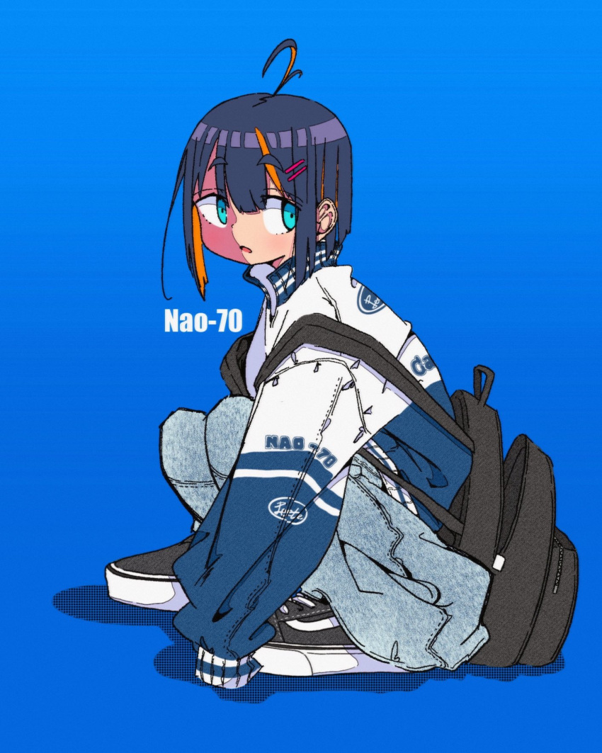 1girl ahoge aqua_eyes artist_name backpack bag bell-bottoms black_bag blue_background blue_hair blue_jacket denim from_side highres jacket jeans long_sleeves looking_at_viewer looking_to_the_side medium_hair multicolored_hair nao97122 orange_hair original pants parted_lips shoes simple_background sleeves_past_fingers sleeves_past_wrists sneakers solo squatting streaked_hair white_jacket