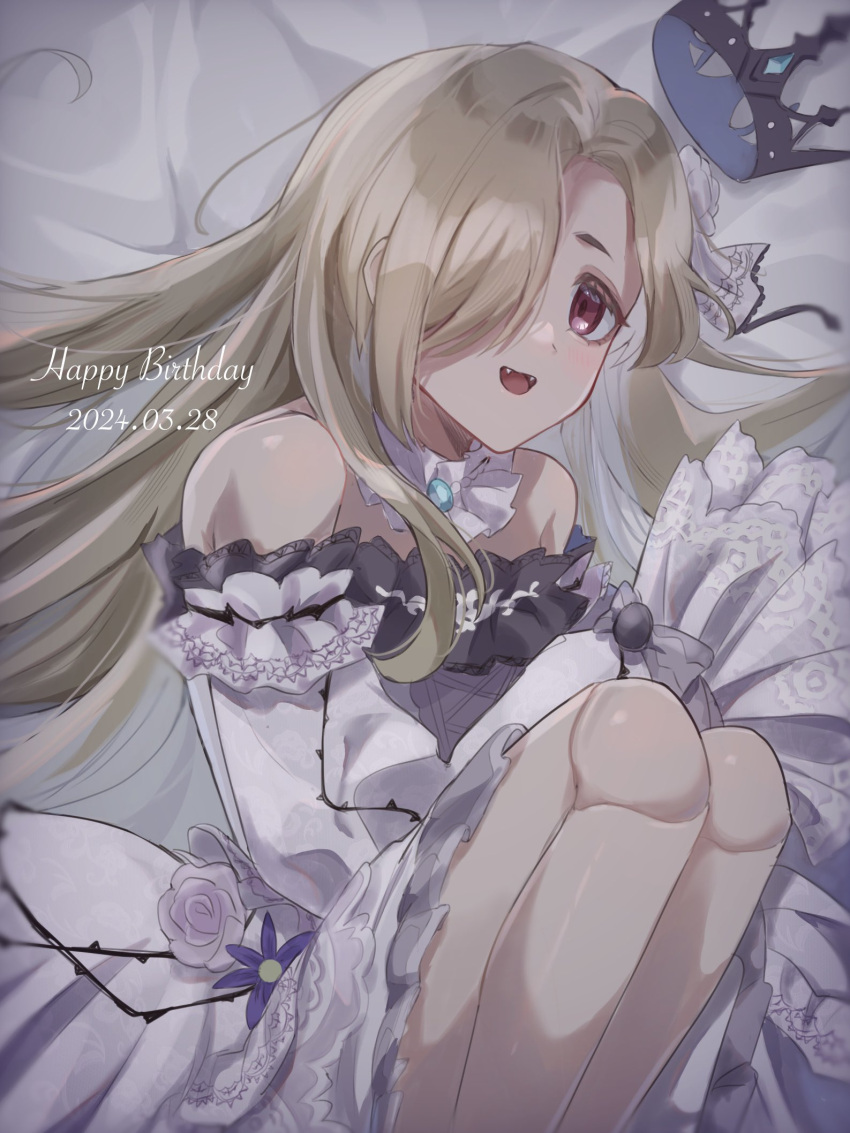 1girl bare_shoulders blonde_hair blush crown doll_joints dress fangs flower hair_flower hair_ornament hair_over_one_eye happy_birthday highres idolmaster idolmaster_cinderella_girls joints kabocha_don knees_to_chest long_hair looking_at_viewer lying on_side open_mouth red_eyes shirasaka_koume smile solo unworn_crown white_dress
