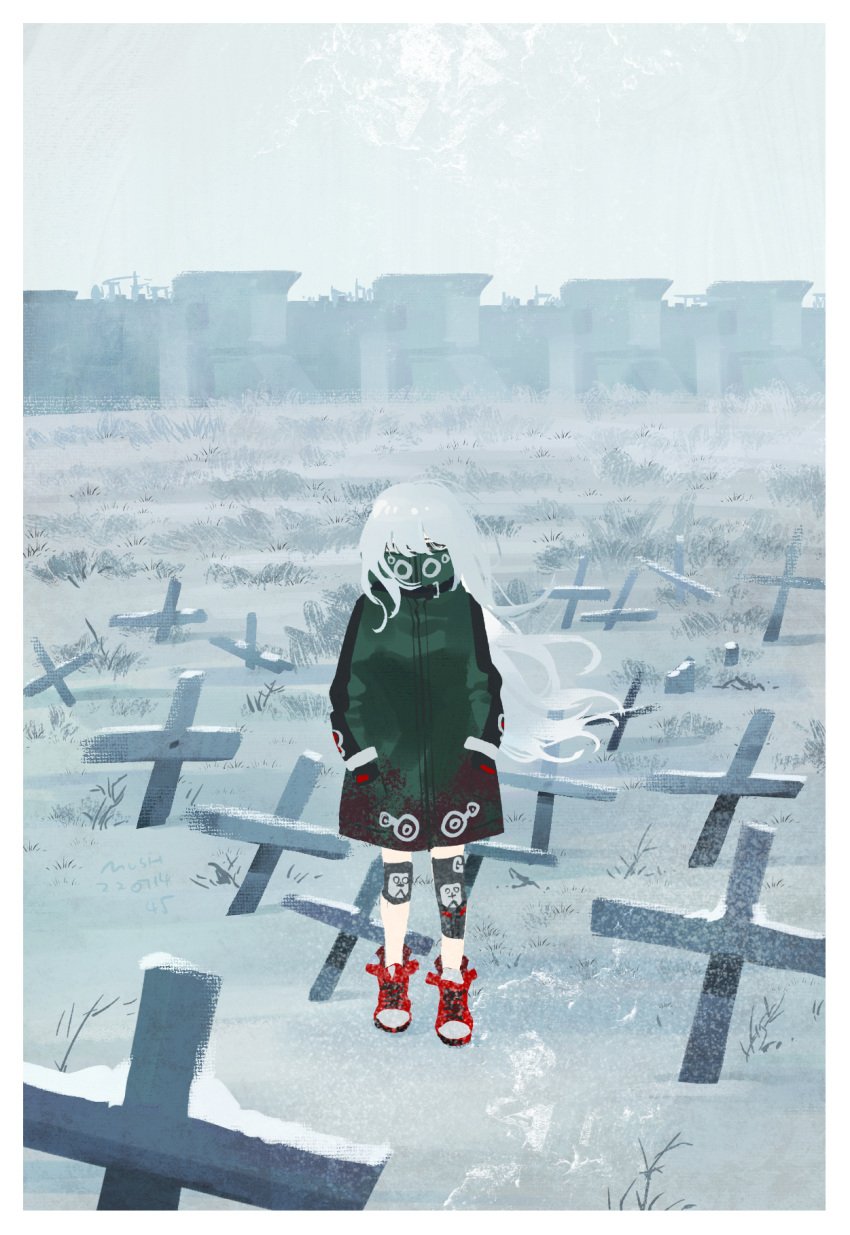 1girl boots g11_(girls'_frontline) girls_frontline grave hair_over_one_eye hands_in_pockets high_collar highres jacket knee_pads long_hair mush outdoors solo tombstone white_hair