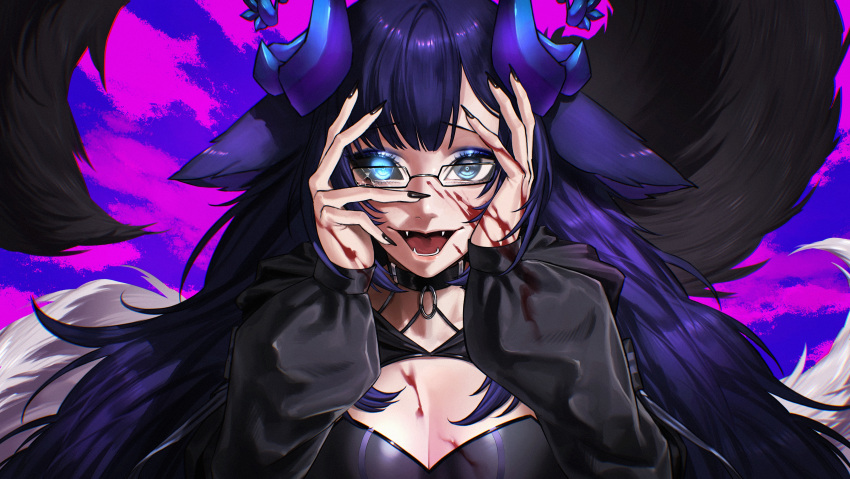 1girl absurdres black_choker black_hair black_sclera blood blood_on_clothes blood_on_face blood_on_hands blue_eyes breasts character_request choker colored_sclera commission copyright_request emo37337640 fangs glasses hands_on_own_face highres horns long_hair long_sleeves looking_at_viewer open_mouth skeb_commission solo tail tongue upper_body