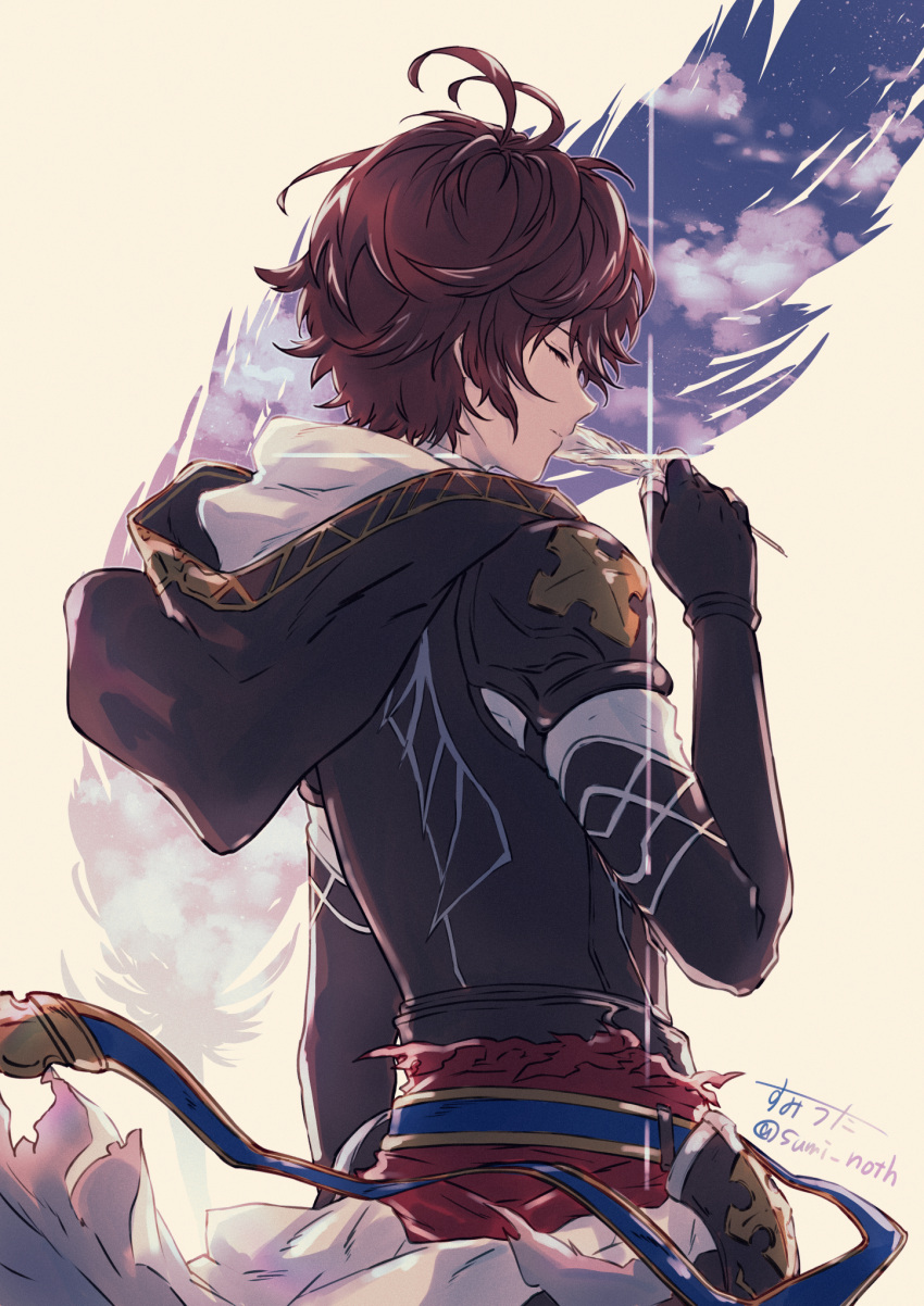 1boy ahoge armor belt bishounen breastplate brown_hair cape closed_eyes clouds cloudy_sky commentary commentary_request feathers fingerless_gloves from_side gloves granblue_fantasy hair_between_eyes highres holding holding_feather hood hood_down male_focus sandalphon_(granblue_fantasy) short_hair signature silhouette sky sumi_noth white_cape white_feathers