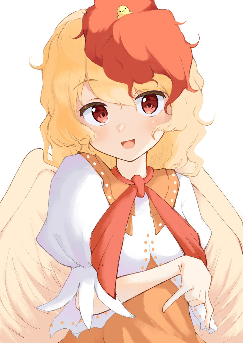 1girl :d animal_on_head bird bird_on_head bird_wings blonde_hair chick commentary_request dress feathered_wings highres iyo_mamoru multicolored_hair neckerchief niwatari_kutaka on_head open_mouth orange_dress puffy_short_sleeves puffy_sleeves red_eyes red_neckerchief redhead shirt short_hair short_sleeves smile solo touhou two-tone_hair wavy_hair white_shirt wings yellow_wings
