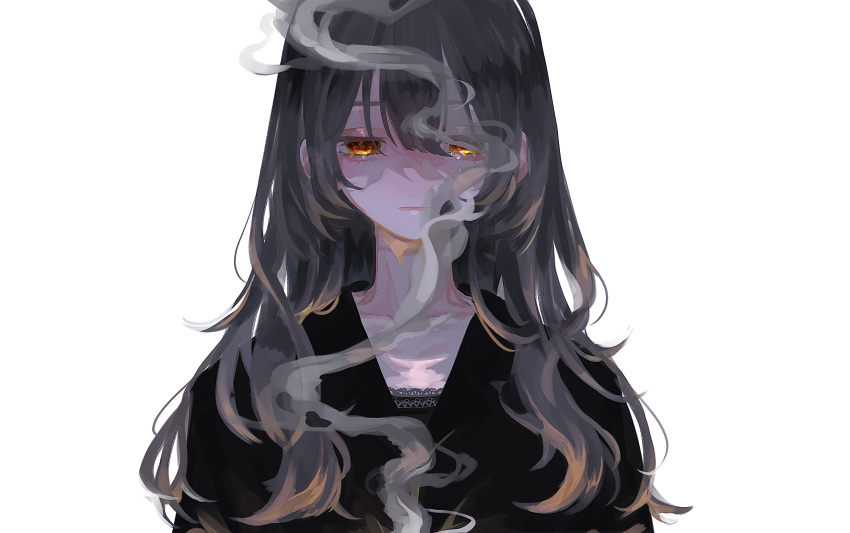 1girl absurdres black_hair black_shirt closed_mouth collarbone commentary_request highres long_hair looking_at_viewer orange_eyes original shirt simple_background smoke smoking solo tknlita upper_body white_background