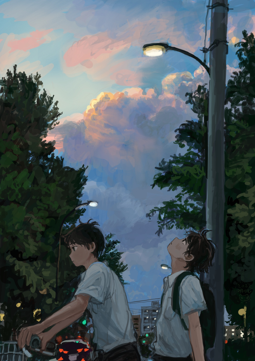 2boys absurdres backpack bag bicycle black_eyes black_hair blue_sky building city clouds cloudy_sky collared_shirt commentary evening from_side highres lamppost looking_ahead looking_up male_focus minahamu multiple_boys original outdoors pocket profile riding riding_bicycle scenery shirt short_hair short_sleeves sky tandem_bicycle tree upper_body utility_pole white_shirt