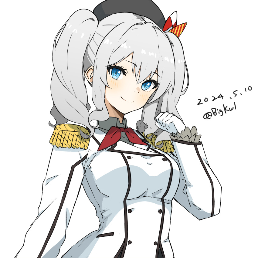 1girl absurdres beret bigkwl blue_eyes breasts collared_shirt commentary dated dated_commentary epaulettes gloves grey_shirt hat highres jacket kantai_collection kashima_(kancolle) large_breasts long_hair long_sleeves looking_at_viewer military military_uniform one-hour_drawing_challenge shirt sidelocks simple_background solo twintails twitter_username uniform upper_body wavy_hair white_background white_gloves white_jacket