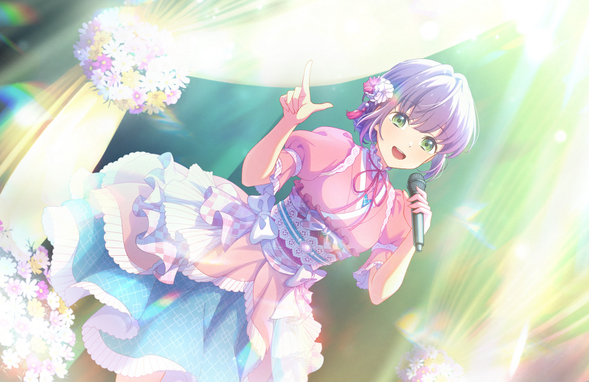 1girl :d blue_skirt dutch_angle finger_gun flower game_cg green_eyes hair_flower hair_ornament highres holding holding_microphone japanese_clothes kimono lens_flare lens_flare_abuse link!_like!_love_live! looking_at_viewer love_live! medium_skirt microphone neck_ribbon official_art open_mouth otomune_kozue pink_flower pink_kimono pink_ribbon puffy_short_sleeves puffy_sleeves purple_hair ribbon short_hair short_sleeves sidelocks skirt smile solo stage_curtains sugao_no_pixel_(love_live!) third-party_source virtual_youtuber white_flower