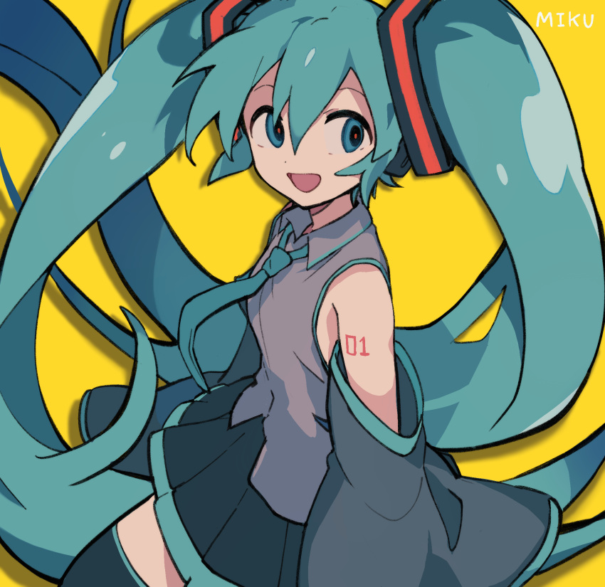 1girl aqua_eyes aqua_hair arm_tattoo bare_shoulders blue_eyes blue_hair character_name detached_sleeves floating_hair hair_between_eyes hair_ornament hatsune_miku highres long_hair looking_to_the_side necktie open_mouth pleated_skirt red_pupils shirt skirt sleeves_past_fingers sleeves_past_wrists smile solo tattoo thigh-highs toukashi_(2tou9) twintails very_long_hair vocaloid yellow_background