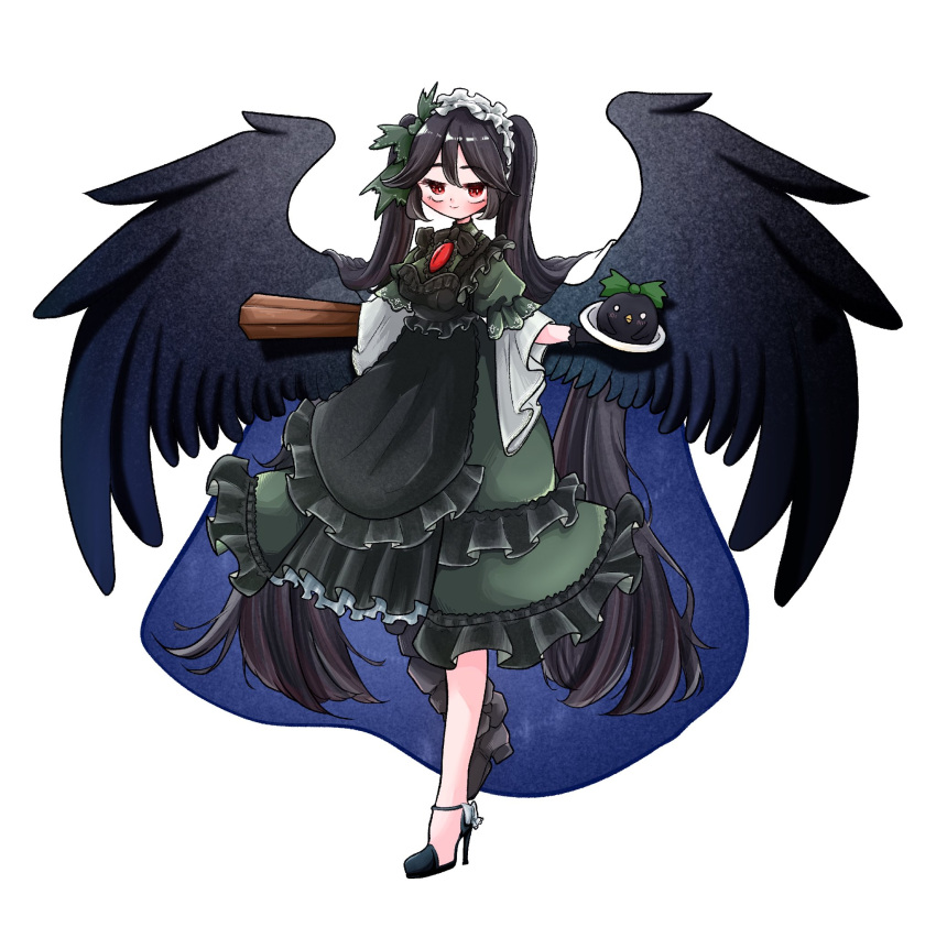 1girl alternate_hairstyle arm_cannon bird_wings black_dress black_footwear black_hair black_wings blush bow closed_mouth commentary_request dress frilled_dress frills full_body green_bow hair_bow high_heels highres kakigoori_(xm3lz) long_hair looking_at_viewer maid red_eyes reiuji_utsuho reiuji_utsuho_(bird) simple_background smile solo starry_sky_print touhou twintails weapon white_background wings