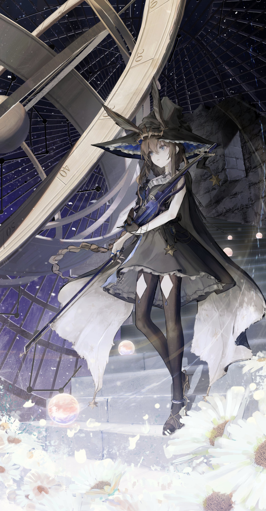 1girl absurdres ambience_synesthesia amiya_(arknights) animal_ears arknights black_cape black_dress black_hair black_pantyhose blue_eyes bow_(music) brown_hair cape clothing_cutout commentary dress flower full_body hat highres holding holding_bow_(music) holding_instrument instrument long_hair looking_to_the_side night night_sky nueegochi pantyhose rabbit_ears sky sleeveless sleeveless_dress solo stairs star_(sky) starry_sky thigh_cutout violin white_flower witch_hat