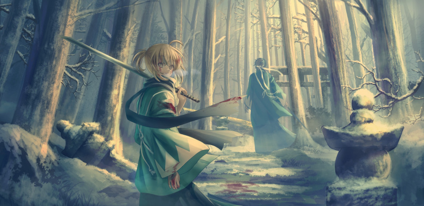 1boy 1girl asagi_futsuka blonde_hair blood blood_in_hair blood_on_clothes blood_on_face blood_on_hands breath character_request expressionless fate/grand_order fate_(series) forest haori highres holding holding_sword holding_weapon japanese_clothes katana kimono koha-ace looking_at_viewer looking_back nature okita_souji_(fate) okita_souji_(koha-ace) outdoors over_shoulder ponytail scarf shinsengumi snow sword sword_over_shoulder torii weapon weapon_over_shoulder winter yellow_eyes