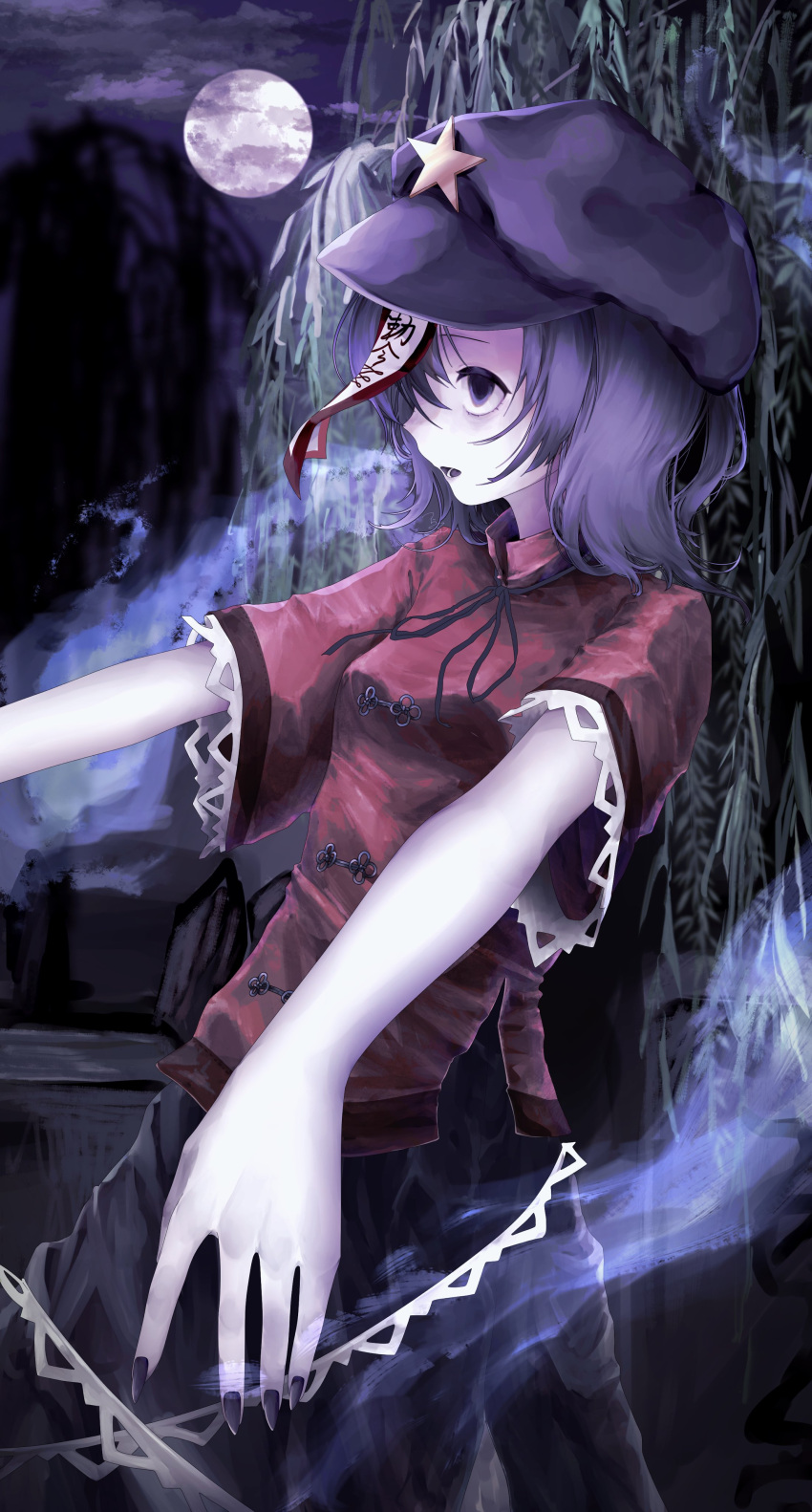 absurdres black_nails black_ribbon black_skirt breasts cabbie_hat chinese_clothes empty_eyes fingernails fog full_moon hat hat_ornament highres hitodama jiangshi lace-trimmed_sleeves lace_trim medium_hair miyako_yoshika moon neck_ribbon ofuda outstretched_arms purple_hair red_shirt ribbon shirt short_sleeves skirt small_breasts star_(symbol) star_hat_ornament t_terano tangzhuang touhou violet_eyes willow zombie_pose