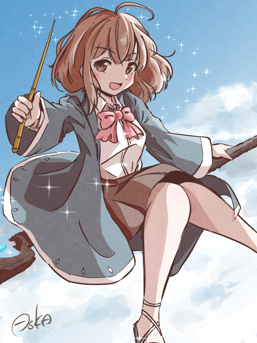 1girl asuka_(pixiv82529874) blue_coat blue_sky blush bow bowtie breasts brown_eyes brown_hair brown_skirt clouds coat commentary_request flying highres holding holding_wand light_particles looking_at_viewer magical_girl medium_hair open_mouth original pink_bow pink_bowtie sandals shirt signature skirt sky small_breasts solo staff_riding wand white_shirt wizard