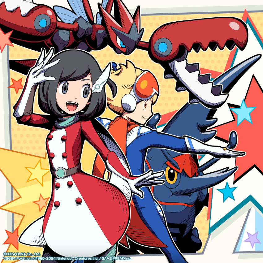 1boy 1girl :d arm_up barry_(pokemon) barry_(special_costume)_(pokemon) belt black_hair blonde_hair blue_jumpsuit buttons closed_mouth coat commentary copyright_name english_commentary eyelashes gloves grey_eyes heracross highres jumpsuit medium_hair mega_heracross mega_scizor official_alternate_costume official_art open_mouth pokemon pokemon_masters_ex scizor selene_(pokemon) selene_(special_costume)_(pokemon) smile star_(symbol) teeth tongue upper_teeth_only watermark yellow_background