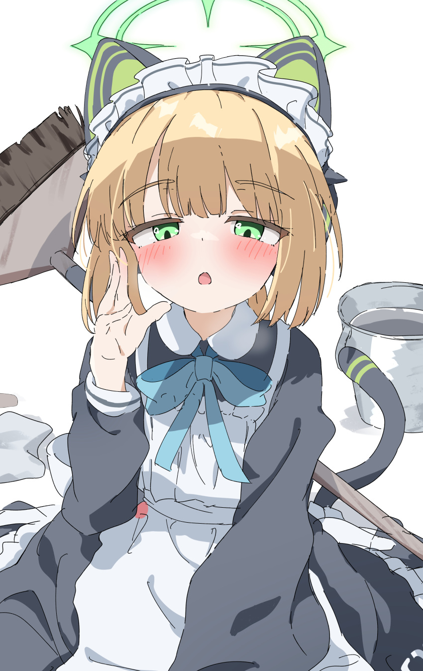 1girl absurdres animal_ear_headphones animal_ears apron black_dress blonde_hair blue_archive blush broom bucket cat_ear_headphones cat_tail commentary dress fake_animal_ears green_eyes green_halo halo hand_up headphones highres long_sleeves looking_at_viewer maid maid_apron maid_headdress midori_(blue_archive) midori_(maid)_(blue_archive) natsukari_na official_alternate_costume open_mouth short_hair simple_background solo tail white_background