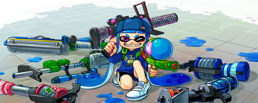 .96_gal_(splatoon) 1girl absurdly_long_hair aiming aiming_at_viewer backwards_hat baseball_cap bike_shorts black_shorts blue_hair blue_hat blue_hoodie commentary_request e-liter_3k_(splatoon) fangs full_body grin hanako515_ika hat highres holding holding_weapon hood hood_down hoodie inkling inkling_girl inkling_player_character l-3_nozzlenose_(splatoon) long_hair long_sleeves on_one_knee one_eye_closed paint_splatter pink_eyes pointy_ears print_hoodie range_blaster_(splatoon) shorts smile solo splatoon_(series) splattershot_(splatoon) tentacle_hair twintails v-shaped_eyebrows very_long_hair weapon white_footwear