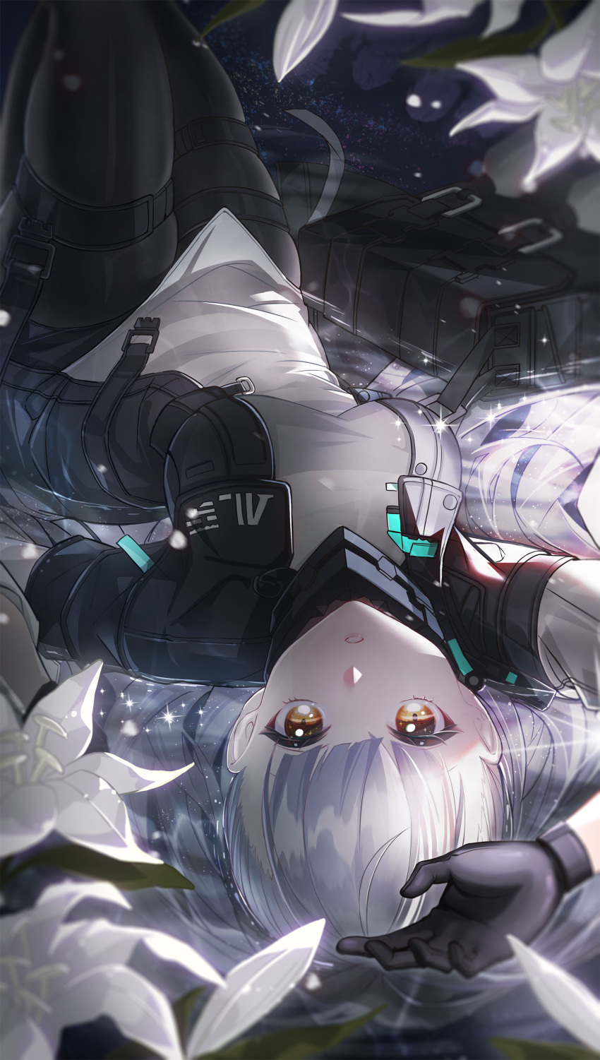 1girl absurdres ak-alfa_(girls'_frontline) black_gloves black_pantyhose breasts chinese_commentary commentary_request flower girls'_frontline_2:_exilium girls_frontline gloves highres long_hair looking_at_viewer lying on_back pantyhose parted_lips skindentation solo spider_ji_cheng thigh_strap white_hair white_lily yellow_eyes