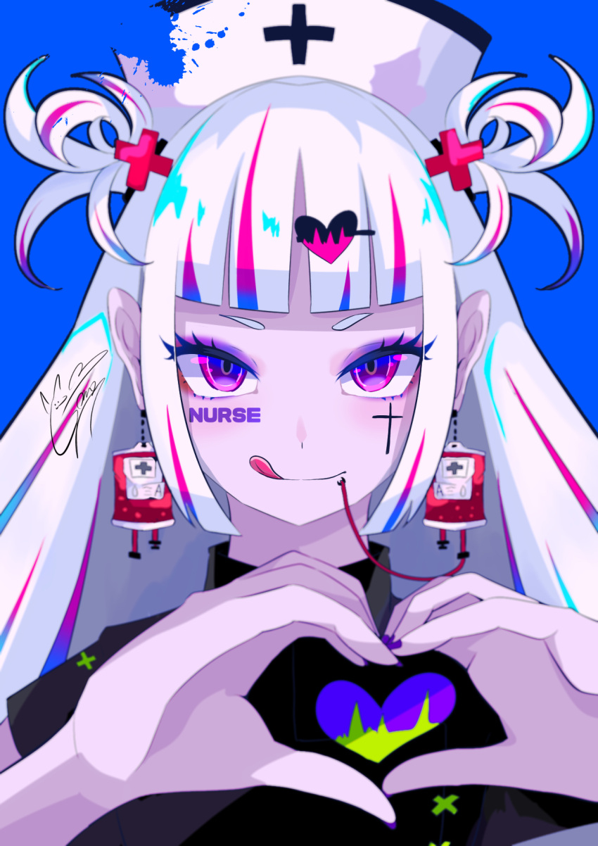1girl blood blood_bag blue_background earrings goma_irasuto hat heart highres hime_cut jewelry looking_at_viewer nurse nurse_cap original signature solo straight_hair tattoo tongue tongue_out violet_eyes white_hair