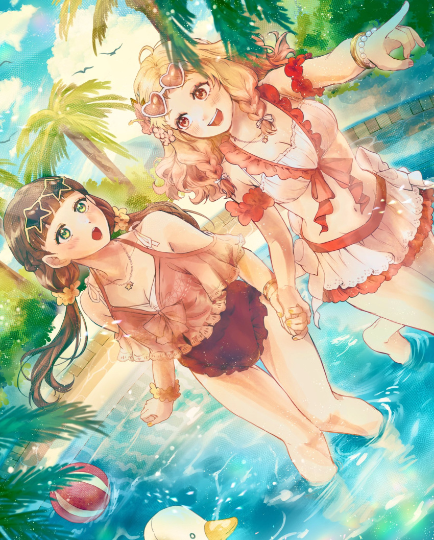 2girls :d arm_scrunchie armpit_crease bikini bikini_skirt bird blonde_hair blunt_bangs blush bow bow_bikini bracelet braid breasts brown_hair brown_one-piece_swimsuit bush casual_one-piece_swimsuit check_commentary clouds collarbone commentary_request detached_sleeves eyewear_on_head flower frilled_bikini frills gold_bracelet gradient_hair green_eyes hair_flower hair_ornament halterneck heart heart-shaped_eyewear highres holding_hands jewelry large_breasts leaning_forward long_hair looking_at_another love_live! love_live!_superstar!! low_twintails multicolored_hair multiple_girls navel necklace one-piece_swimsuit onitsuka_natsumi open_mouth orange_nails palm_tree pearl_bracelet pink_eyes pink_hair pink_nails pointing porkmisonico puffy_detached_sleeves puffy_sleeves ribbon rubber_duck sakurakoji_kinako sky smile star-shaped_eyewear star_(symbol) star_necklace summer sunlight swept_bangs swimsuit teeth thighs tiles tree twin_braids twintails two-tone_bikini upper_teeth_only waist_bow water wavy_hair white_bikini white_bow