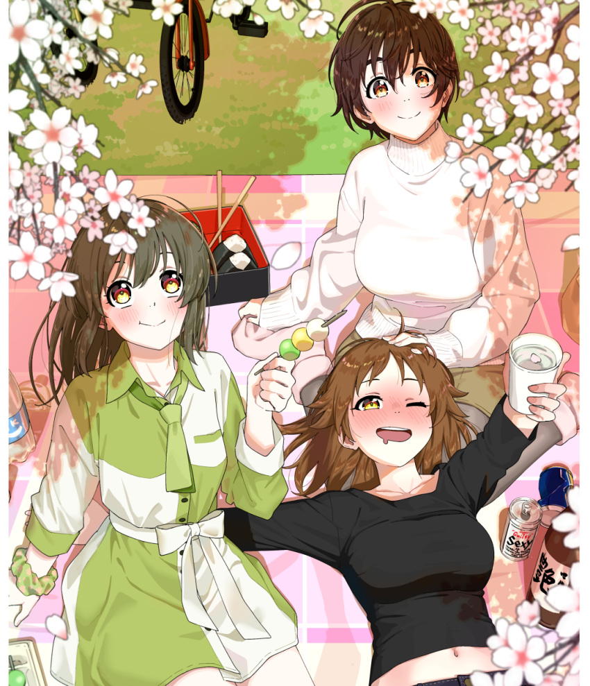 3girls ;d alcohol beer_can bicycle blush breasts can casual cup dango dr._gero_(staedtler_0508) drink_can drooling drunk falling_petals food from_above highres holding holding_cup holding_food hori_yuko idolmaster idolmaster_cinderella_girls katagiri_sanae lap_pillow large_breasts long_sleeves looking_up lying mat midriff mouth_drool multiple_girls navel nose_blush oikawa_shizuku on_back one_eye_closed petals picnic sake sexy_guilty_(idolmaster) smile sweater two-tone_dress wagashi white_sweater