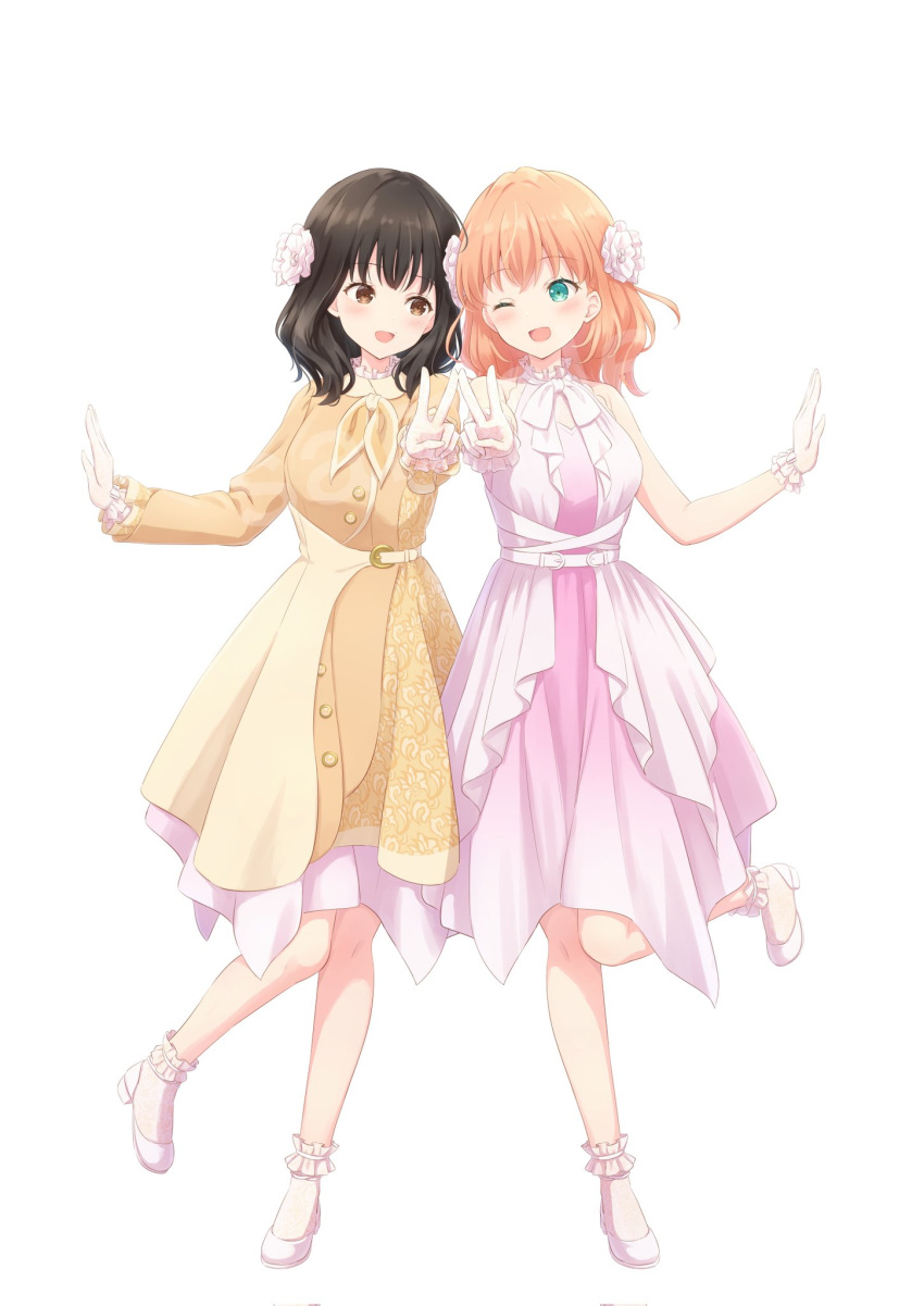 2girls :d ;d aqua_eyes black_hair blush brown_eyes commentary_request crossed_bangs dress eye_contact frilled_gloves frills gloves highres hinoshita_kaho layered_dress leg_up link!_like!_love_live! link_to_the_future_(love_live!) long_sleeves looking_at_another love_live! medium_dress medium_hair multiple_girls nirei_nozomi one_eye_closed open_mouth orange_dress orange_hair pearl_hair_ornament pink_dress sample_watermark shoulder-to-shoulder simple_background smile standing standing_on_one_leg two_side_up virtual_youtuber voice_actor voice_actor_connection watermark white_background white_dress white_footwear white_gloves yutuki_ame