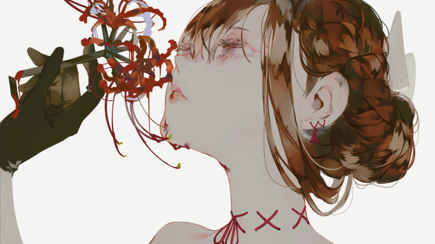 1girl black_gloves brown_hair close-up eyelashes flower gloves grey_eyes hair_between_eyes hair_bun hand_up highres holding holding_flower looking_up multicolored_hair original parted_lips portrait red_flower redhead sidelocks simple_background solo spider_lily syokuuuuuuuuumura two-tone_hair white_background