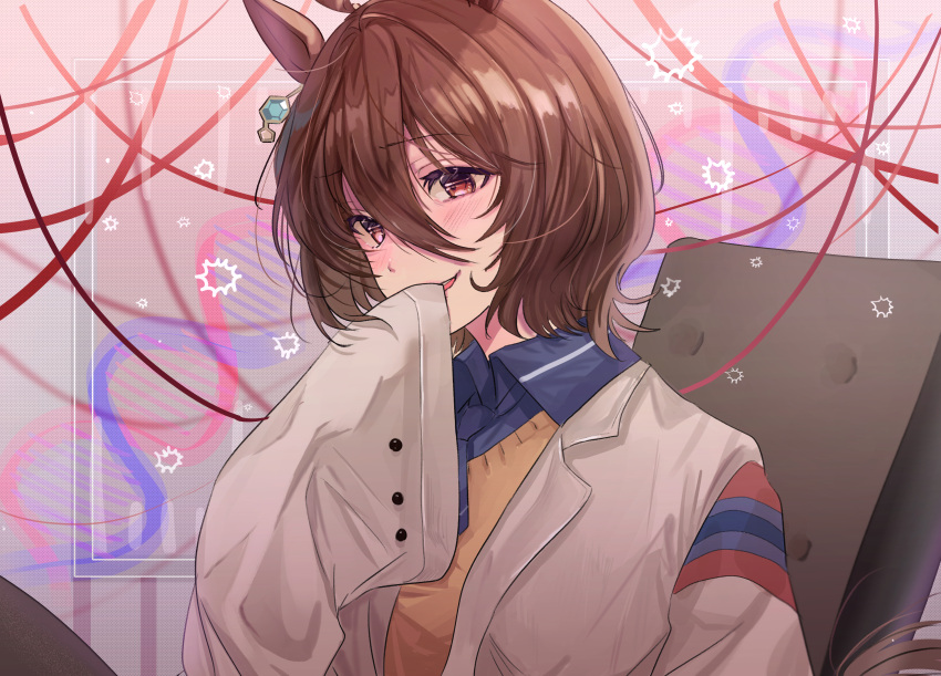 1girl absurdres agnes_tachyon_(umamusume) animal_ears blue_necktie blue_shirt chair coat collared_shirt ear_piercing hand_to_own_mouth highres horse_ears horse_girl huwarinn99 lab_coat looking_at_viewer necktie on_chair open_clothes open_coat open_mouth piercing red_eyes shirt short_hair sitting sleeves_past_fingers sleeves_past_wrists smile solo sweater umamusume very_long_sleeves yellow_sweater