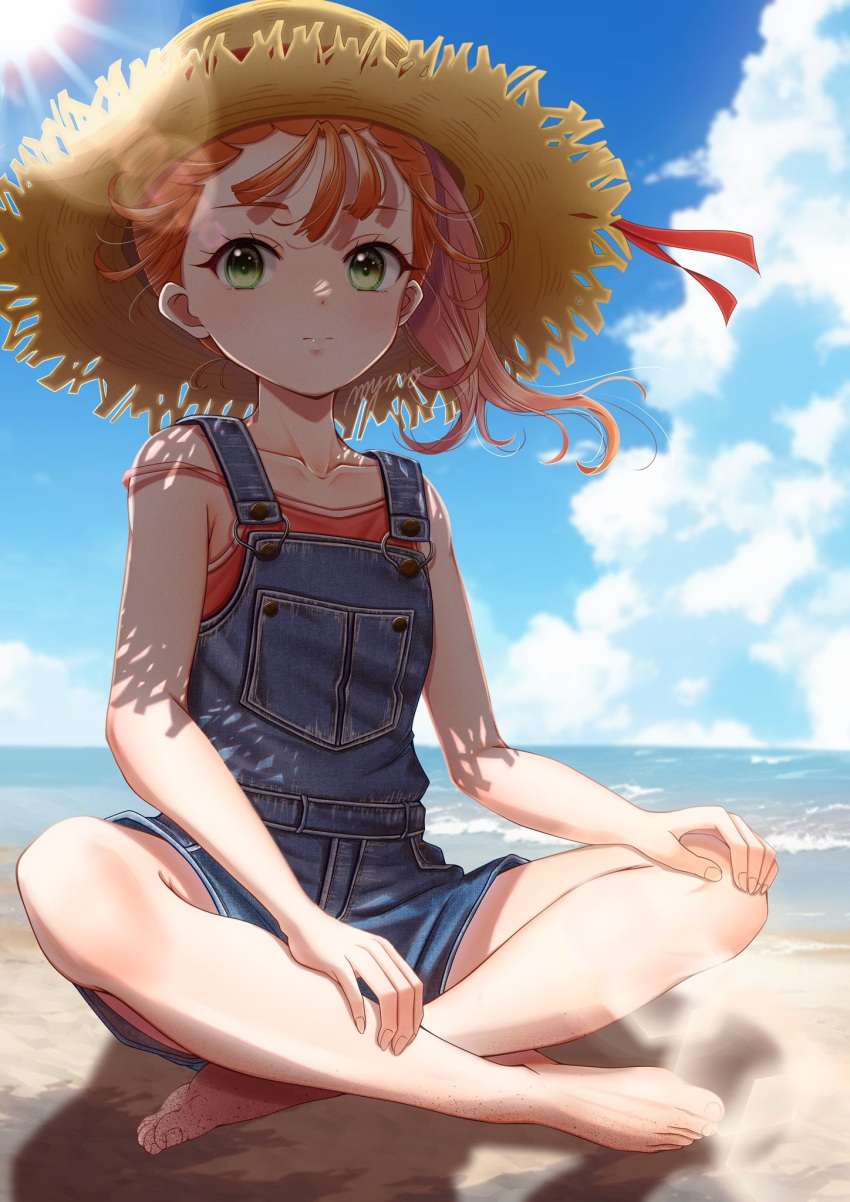 1girl artist_name bare_legs barefoot beach blue_overalls blue_sky brown_hair brown_hat camisole closed_mouth clouds cloudy_sky day feet green_eyes hair_pulled_back hand_on_own_knee hat highres horizon indian_style legs lens_flare light_frown looking_at_viewer mymo0527 natsuumi_manatsu ocean outdoors overall_shorts overalls precure red_camisole shadow side_ponytail signature sitting sky solo strap_slip straw_hat sun_hat sunlight toenails toes tropical-rouge!_precure wind
