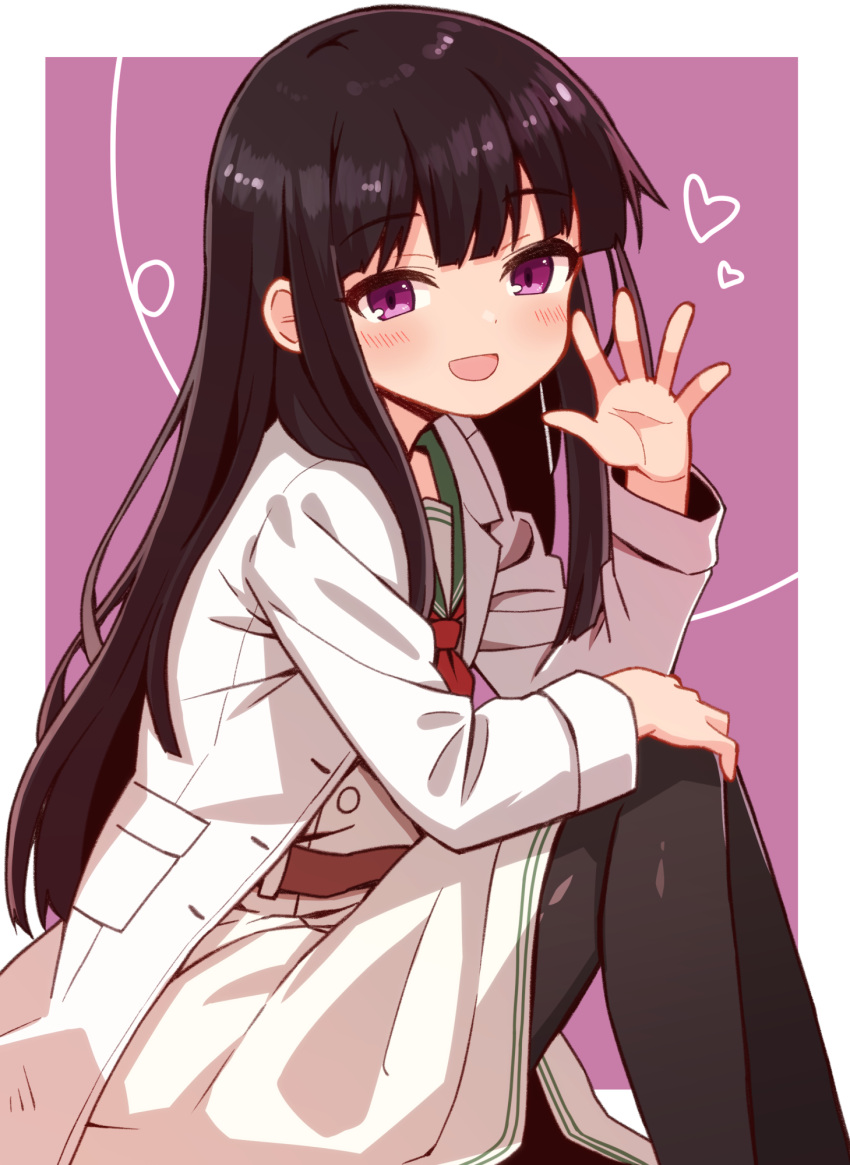 1girl belt black_hair black_pantyhose bow bowtie brown_belt coat commentary_request dress facing_to_the_side green_coat hand_on_own_knee hand_up heart highres knee_up lab_coat light_blush long_hair looking_at_viewer open_mouth original pantyhose red_bow red_bowtie school_uniform serafuku simple_background sitting solo violet_eyes waving white_coat white_dress yukinagi