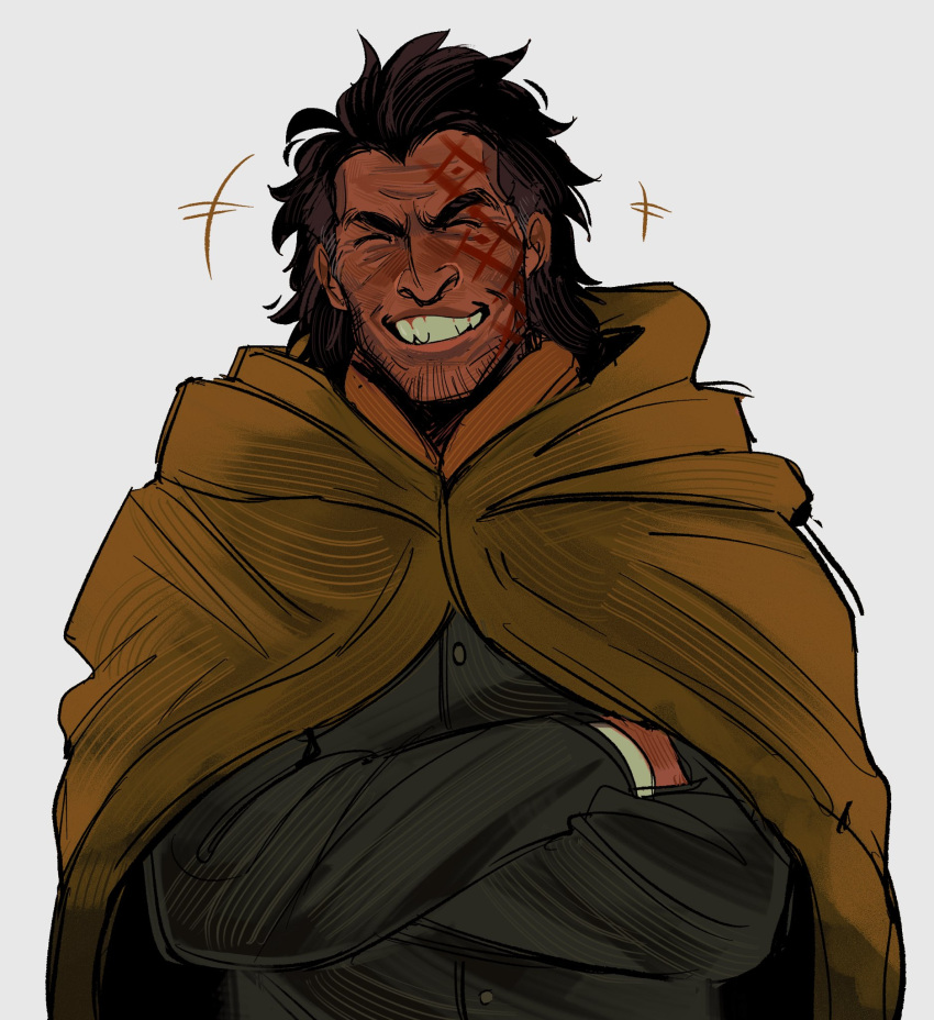 1boy beard_stubble big_nose black_hair brown-skinned_male brown_coat coat crossed_arms dark_skin dentdechieng facial_hair green_jacket highres jacket long_hair male_focus monkey_d._dragon one_piece scar scar_on_face sharp_teeth smile stubble teeth thick_eyebrows white_background
