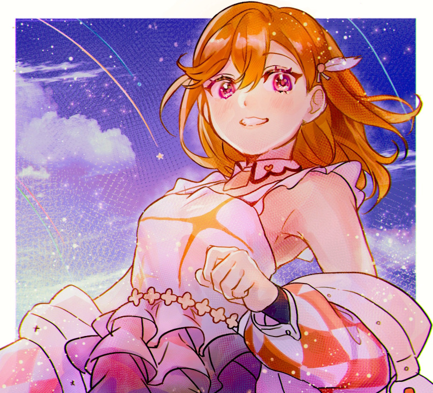 argyle_clothes armpits blush border breasts check_commentary clenched_hand clenched_teeth clouds collar commentary_request detached_collar dress frilled_dress frilled_skirt frills hair_ornament hajimari_wa_kimi_no_sora heart highres jacket looking_at_viewer love_live! love_live!_superstar!! medium_hair open_clothes open_jacket orange_hair porkmisonico shibuya_kanon shooting_star skirt sky sleeve_cuffs sleeveless sleeveless_dress smile solo star_(sky) star_(symbol) starry_sky swept_bangs teeth upper_body violet_eyes white_border white_dress white_jacket
