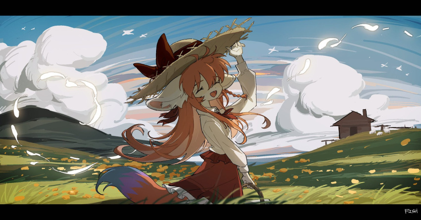 1girl ^_^ animal_ear_fluff animal_ears artist_name basket blue_sky bow braid closed_eyes clouds collared_shirt cowboy_shot day facing_viewer field fish7163 floating_hair fox_ears fox_girl fox_tail frilled_skirt frills furry furry_female grass hand_on_headwear hand_up hat hat_bow highres hill holding holding_basket letterboxed long_hair long_sleeves meadow neckerchief open_mouth orange_hair original outdoors red_neckerchief red_skirt scenery shirt side_braid signature simple_bird single_braid skirt sky smile solo standing straw_hat sun_hat tail white_shirt wide_shot wind