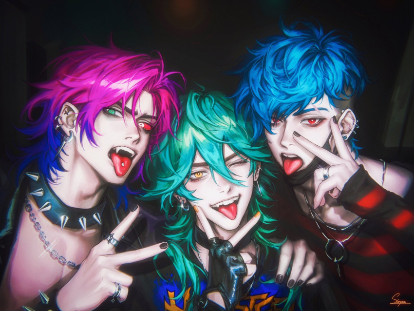 3boys aphelios black_choker black_gloves black_jacket black_mask black_nails blue_hair chain choker collar colored_sclera cross_piercing dark ear_piercing expressionless eyebrow_cut ezreal fangs fingerless_gloves frown gloves green_eyes green_hair hair_between_eyes hand_on_another's_shoulder hand_on_own_face hand_up heartsteel_aphelios heartsteel_ezreal heartsteel_kayn highres jacket jewelry kayn_(league_of_legends) league_of_legends leaning_to_the_side long_sleeves looking_at_viewer male_focus mask_pull multicolored_hair multiple_boys nail_polish necklace one_eye_closed open_clothes open_jacket orange_eyes orange_nails parted_lips piercing print_shirt purple_hair red_eyes red_sclera red_sweater ring selfie shirt short_hair signature smile spiked_collar spikes staryoruu striped_clothes sweater teeth tongue tongue_out tongue_piercing two-tone_hair undercut v