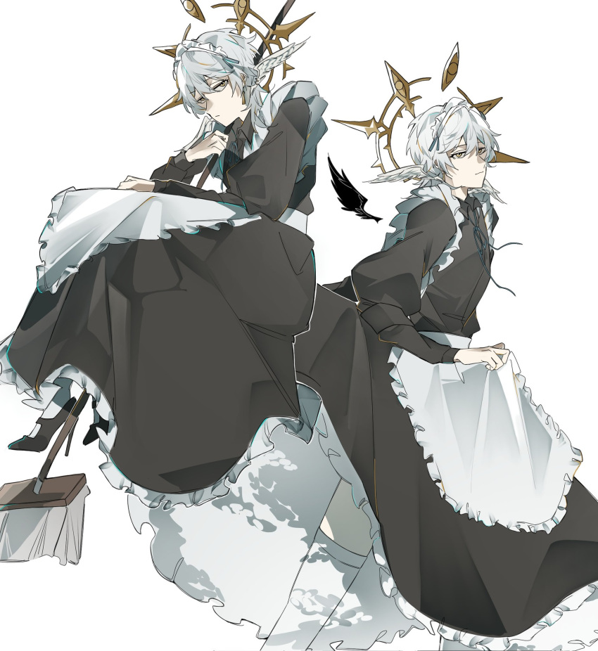 1boy apron black_footwear broom crossdressing feathered_wings frills halo head_wings highres holding holding_apron holding_broom honkai:_star_rail honkai_(series) light_smile looking_to_the_side maid maid_apron maid_day maid_headdress medium_hair neck_ribbon oo_1y ribbon sitting spiked_halo sunday_(honkai:_star_rail) thigh-highs walking white_apron white_background white_hair wings yellow_eyes