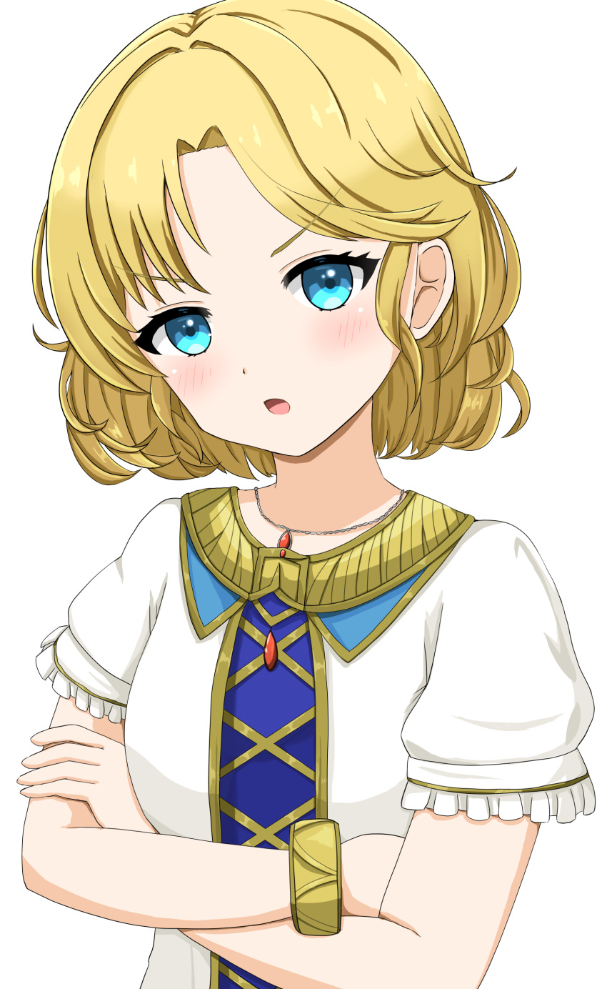 1girl absurdres blonde_hair blue_eyes blush bracelet crossed_arms dress fire_emblem fire_emblem:_mystery_of_the_emblem highres jewelry looking_at_viewer necklace open_mouth patty_ojisan short_hair short_sleeves solo upper_body white_dress yuliya_(fire_emblem)