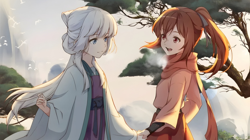 2girls bai_yuxiu bird blue_eyes breath brown_eyes brown_hair chinese_clothes closed_mouth day duijin_ruqun feng_ling'er fengling_yuxiu grey_eyes grey_hair hanfu high_ponytail highres i_got_noize japanese_clothes kimono long_hair long_sleeves looking_at_another looking_at_viewer multiple_girls open_mouth outdoors pleated_skirt ponytail red_eyes ribbon scarf skirt smile standing tree white_hair wide_sleeves yuri