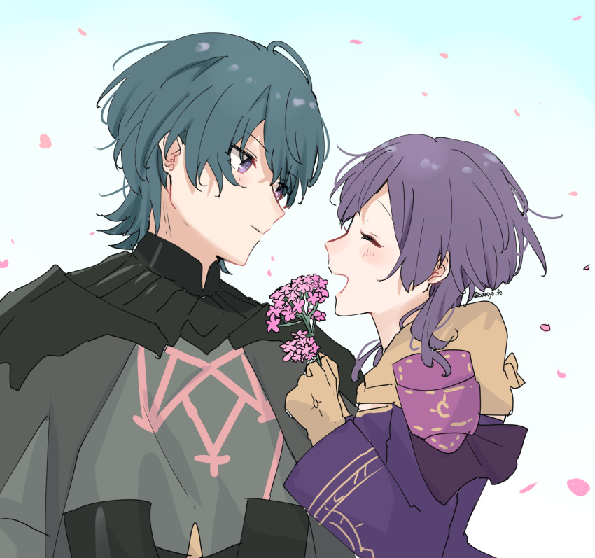 1boy 1girl armor bernadetta_von_varley black_armor blue_hair blush bob_cut byleth_(fire_emblem) byleth_(male)_(fire_emblem) closed_eyes closed_mouth commentary_request fire_emblem fire_emblem:_three_houses flower gloves highres holding holding_flower long_sleeves looking_at_another open_mouth partial_commentary pink_flower profile purple_hair sakura_no_yoru simple_background smile violet_eyes white_background yellow_gloves