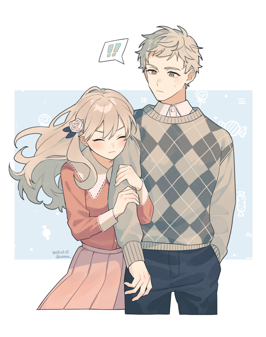 ! !! 1boy 1girl blush closed_eyes collared_shirt collared_sweater couple flower fuyusaka_iori grabbing_another's_hand grey_sweater grey_sweater_vest hair_flower hair_ornament highres juusan_kihei_bouei_ken long_hair pankona_(ubsssss) pink_skirt pink_sweater pleated_skirt rose sekigahara_ei shirt short_hair skirt sweater sweater_vest wavy_hair white_flower white_hair white_rose white_undershirt