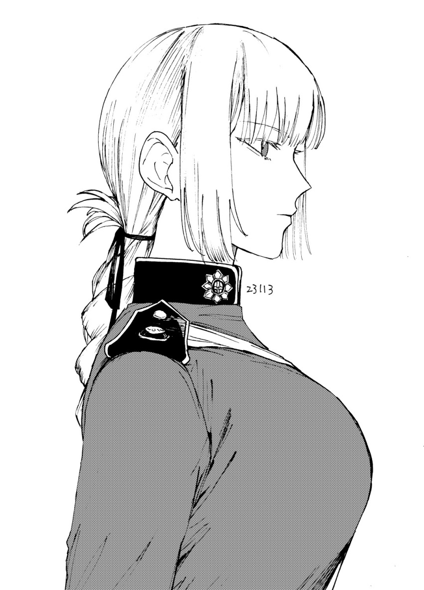 1girl braid breasts closed_mouth dated epaulettes expressionless fate/grand_order fate_(series) florence_nightingale_(fate) greyscale hair_ribbon highres jacket large_breasts long_hair long_sleeves looking_ahead monochrome noz_2to profile ribbon sidelocks simple_background solo upper_body
