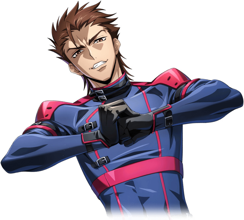 1boy artist_request blue_bodysuit bodysuit brown_eyes brown_hair clenched_hand code_geass code_geass:_lost_stories covered_navel cracking_knuckles cropped_torso dutch_angle forehead game_cg grin hands_up happy looking_at_viewer male_focus non-web_source official_art own_hands_together sayama_ryou short_hair simple_background skin_tight smile solo spiky_hair standing teeth transparent_background upper_body v-shaped_eyebrows