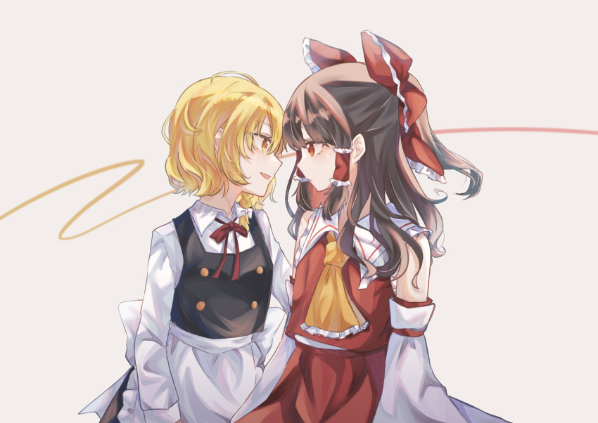 2girls absurdres apron ascot back_bow black_vest blonde_hair bow bowtie braid brown_hair collared_shirt commentary_request detached_sleeves eye_contact frilled_bow frilled_hair_tubes frills hair_bow hair_tubes hakurei_reimu highres kirisame_marisa kyarin_(c_arin1012) long_hair long_sleeves looking_at_another multiple_girls no_headwear open_mouth red_bow red_bowtie red_eyes red_skirt shirt side_braid single_braid skirt skirt_set smile touhou vest waist_apron white_apron white_bow white_shirt yellow_eyes yuri