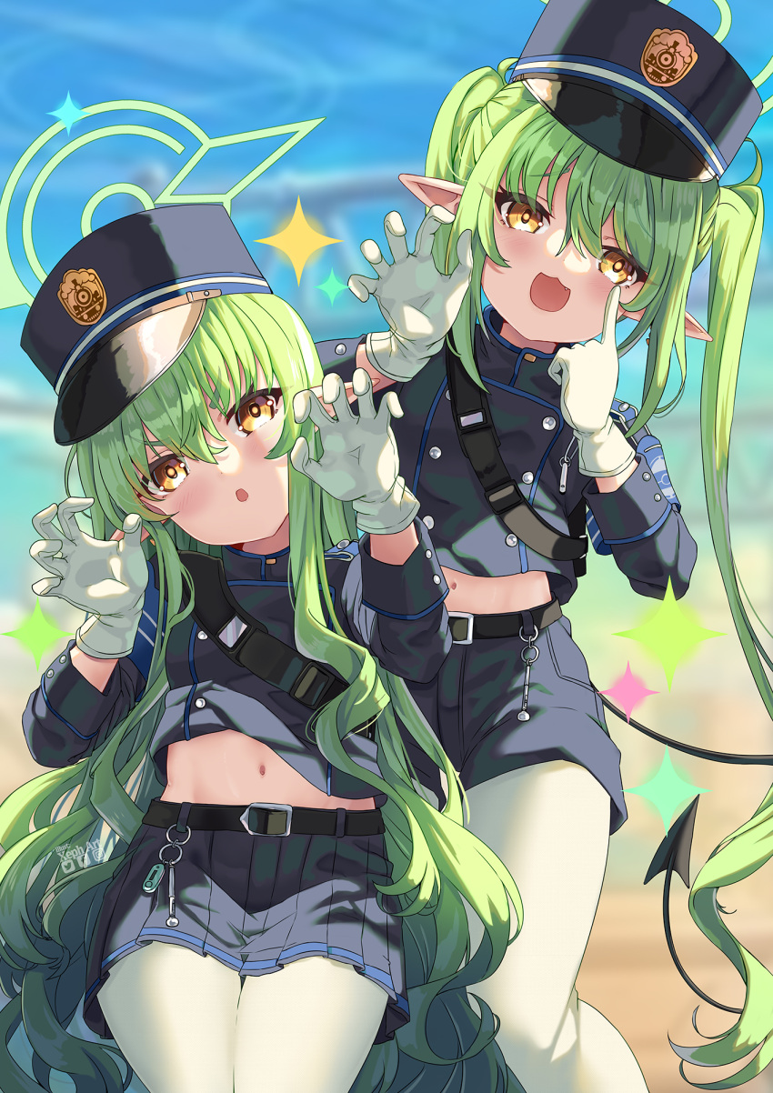 2girls :d :o blue_archive blue_shorts blue_skirt blush buttons claw_pose clothes_lift cropped_jacket curly_hair day demon_girl demon_tail double-breasted fang gloves green_halo grey_hair hair_between_eyes halo hands_up hat head_tilt highres hikari_(blue_archive) hip_focus jacket jacket_lift legs_together long_hair long_sleeves midriff miniskirt multiple_girls navel nozomi_(blue_archive) outdoors pantyhose pleated_skirt short_shorts shorts siblings sisters skirt smile sparkle tail thigh_gap thighs twins twintails very_long_hair white_gloves xephonia yellow_eyes