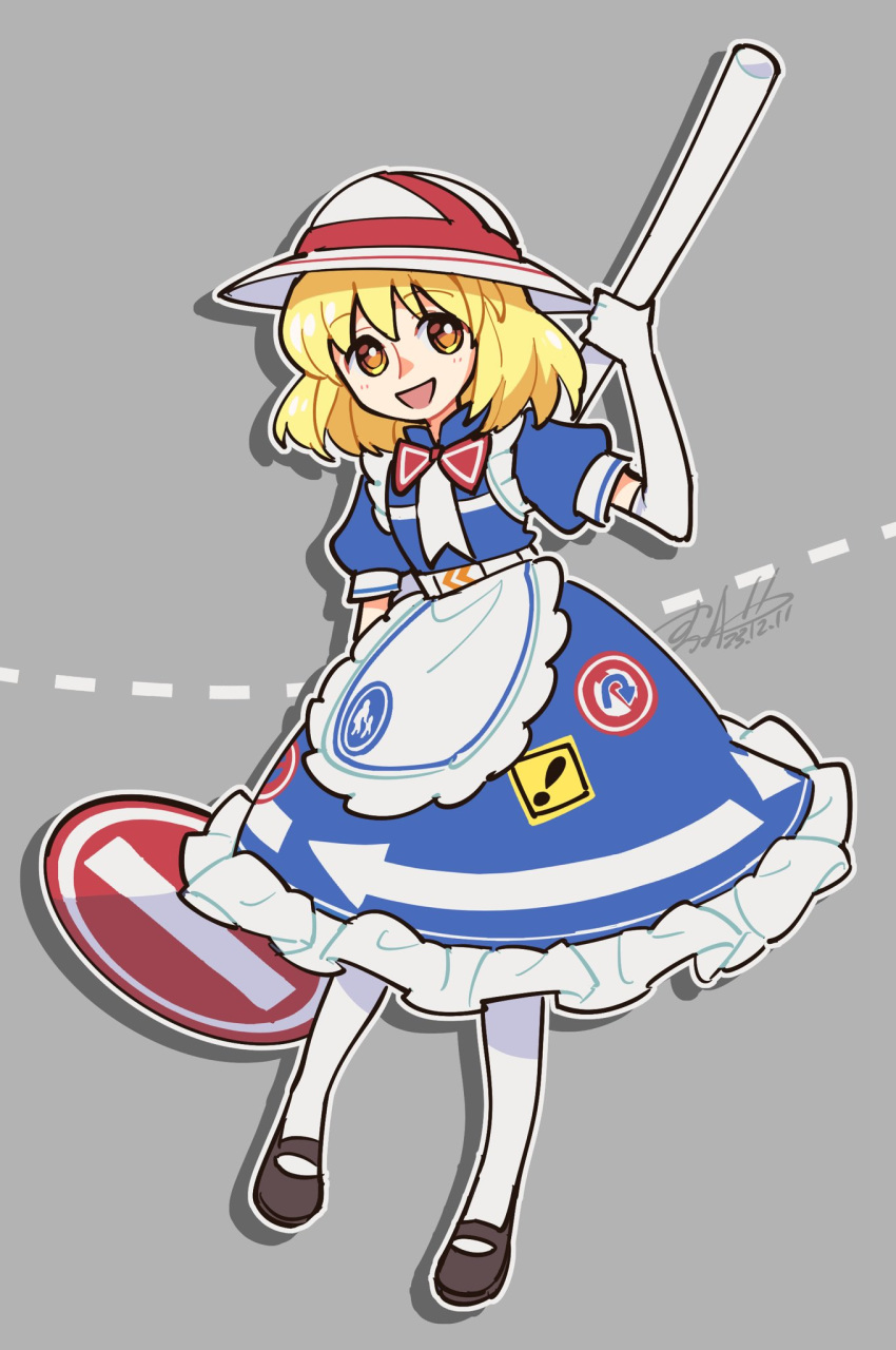 1girl apron arrow_(symbol) blonde_hair blue_dress brown_footwear commentary dress elbow_gloves flat_chest frilled_apron frills full_body gloves grey_background highres holding holding_sign kana_anaberal medium_hair no_parking_sign pantyhose puffy_short_sleeves puffy_sleeves shikido_(khf) short_sleeves sign simple_background solo symbol-only_commentary touhou touhou_(pc-98) waist_apron white_apron white_gloves white_hat white_pantyhose yellow_eyes