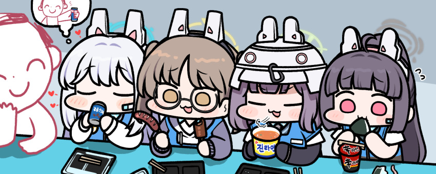 1boy 4girls :3 animal_ears black_hair blue_archive blue_halo blunt_bangs blush_stickers broken_chopsticks brown_eyes brown_hair chopsticks commentary doodle_sensei_(blue_archive) fake_animal_ears flying_sweatdrops food glasses green_halo grey_halo halo helmet high_ponytail holding jazz_jack miyako_(blue_archive) miyu_(blue_archive) moe_(blue_archive) multiple_girls onigiri orange_halo pink_eyes rabbit_ears rabbit_platoon_(blue_archive) ramen round_eyewear saki_(blue_archive) sausage sensei_(blue_archive) shin_ramyun tablet_pc thought_bubble twintails wide_face