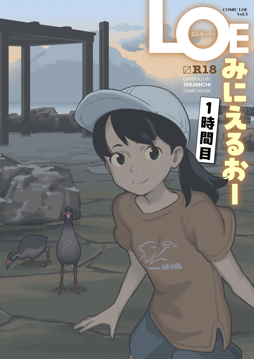 1girl absurdres animal_request baseball_cap bird black_eyes black_hair brown_t-shirt clouds comic_lo cover hat highres looking_at_viewer magazine_cover medium_hair original outdoors scenery shirt sky smile solo t-shirt takamichi twintails