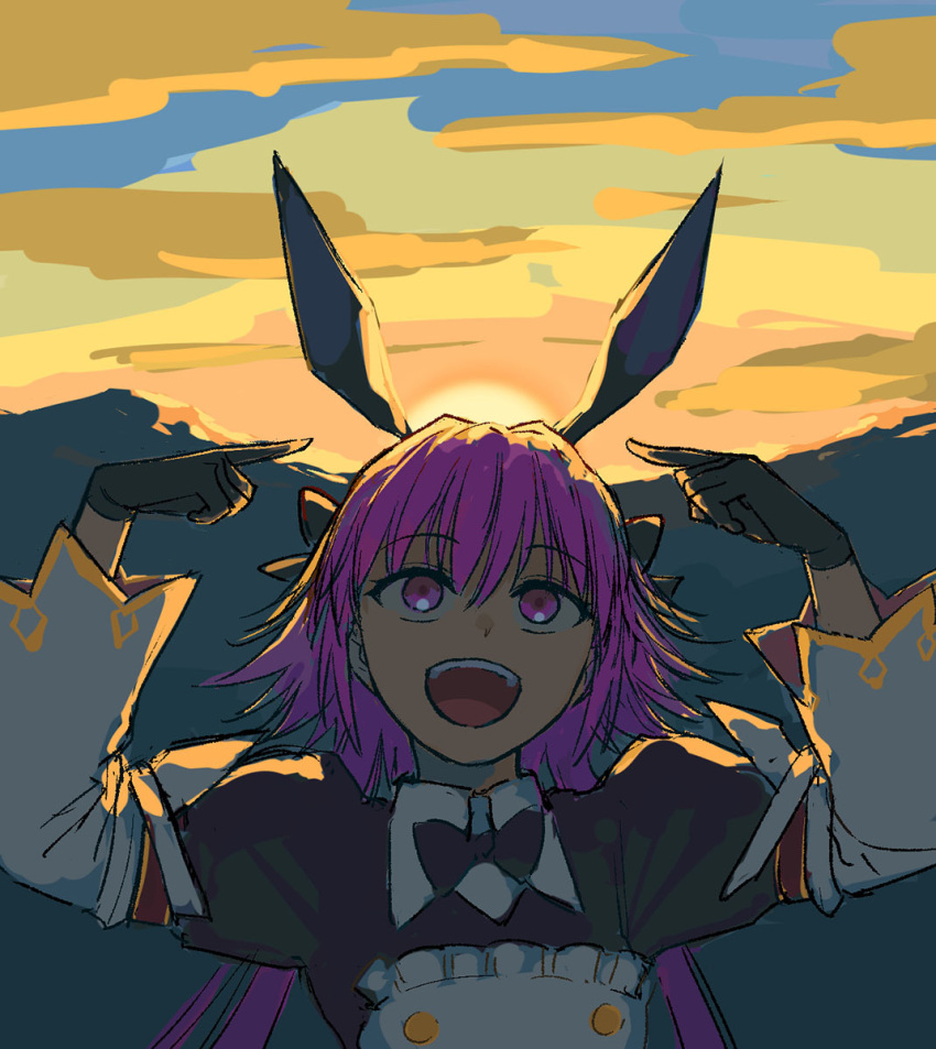 1boy animal_ears astolfo_(fate) astolfo_(saber)_(fate) b_suke black_bow black_bowtie bow bowtie clouds commentary_request fake_animal_ears fate/grand_order fate_(series) highres long_hair low_twintails male_focus mountain open_mouth otoko_no_ko pink_eyes pink_hair pointing pointing_at_self rabbit_ears smile solo sunset twintails upper_body